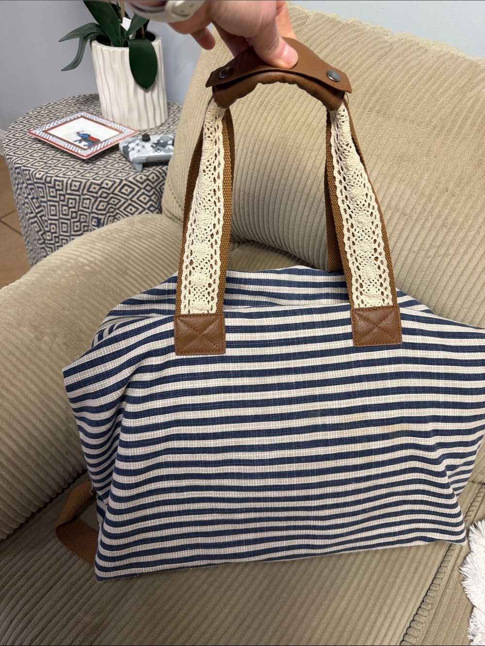 Striped Navy and Cream Crochet-Accent Tote Bag